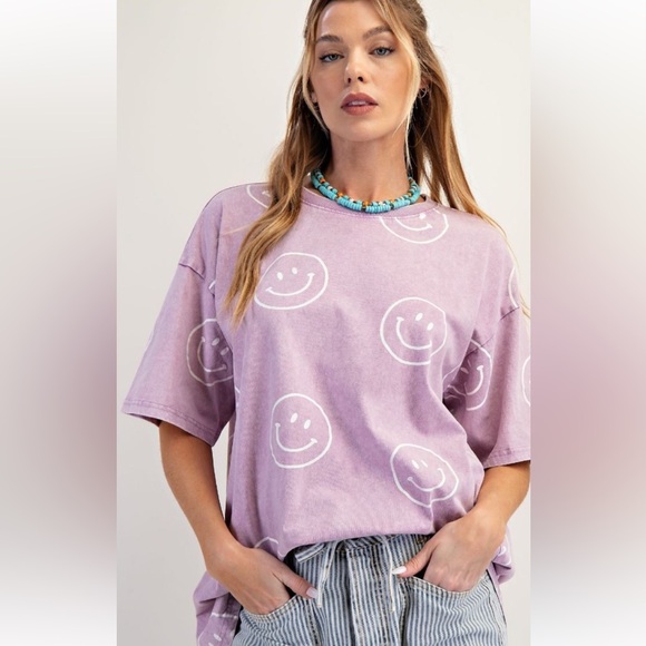 easel Tops - 818 ❤️ EASEL SMILEY FACE lavender PRINTED WASHED TOP